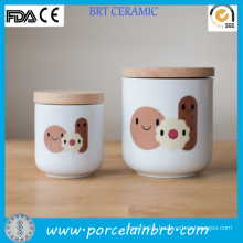 Round Cheap White Ceramic and Bamboo Cookie Jar